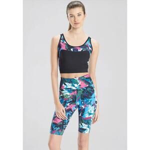 Josie Natori Active Black Floral Cropped Cami Top Medium